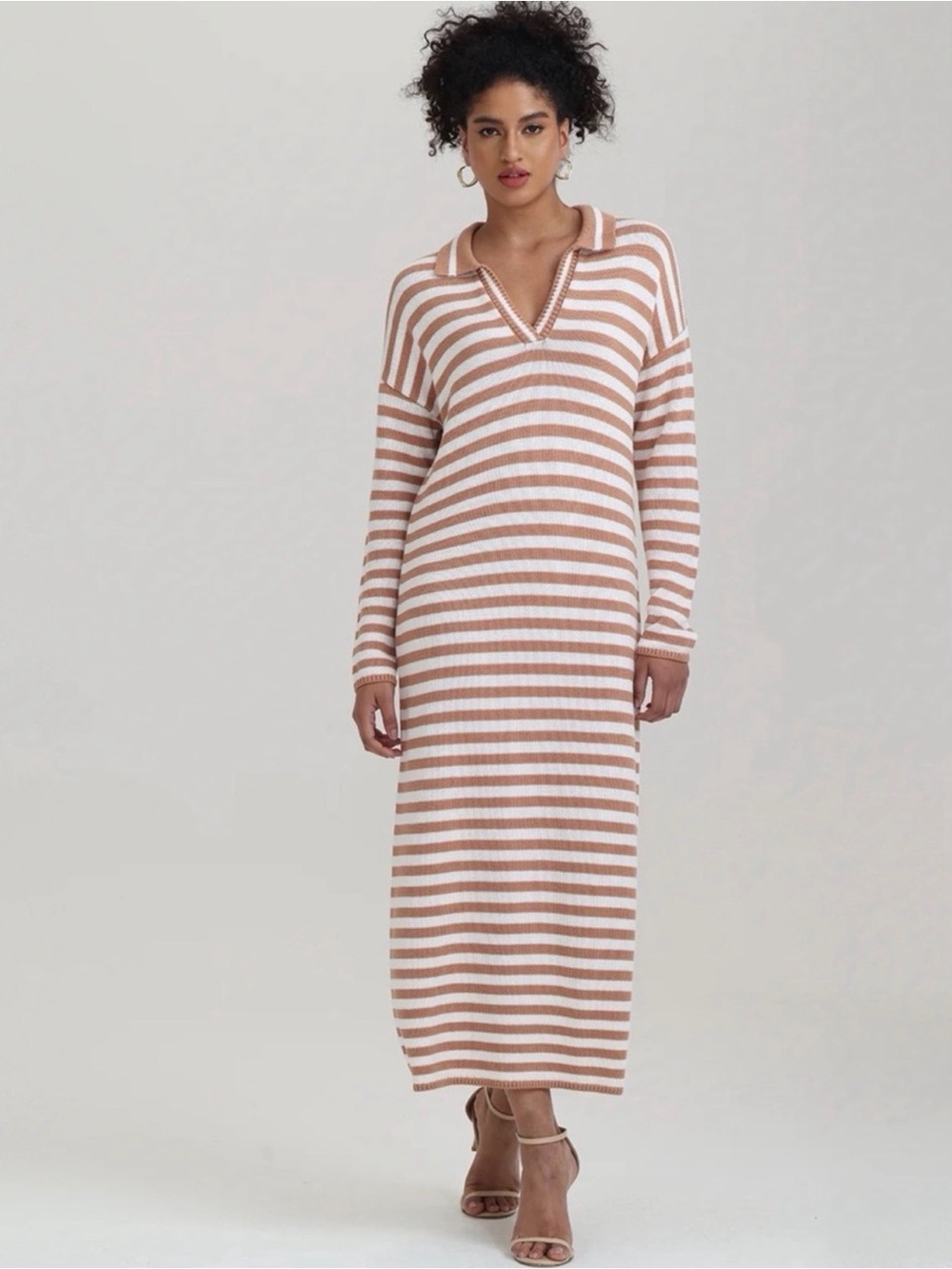 525 America Striped Long-Sleeve Maxi Dress in Blush and White